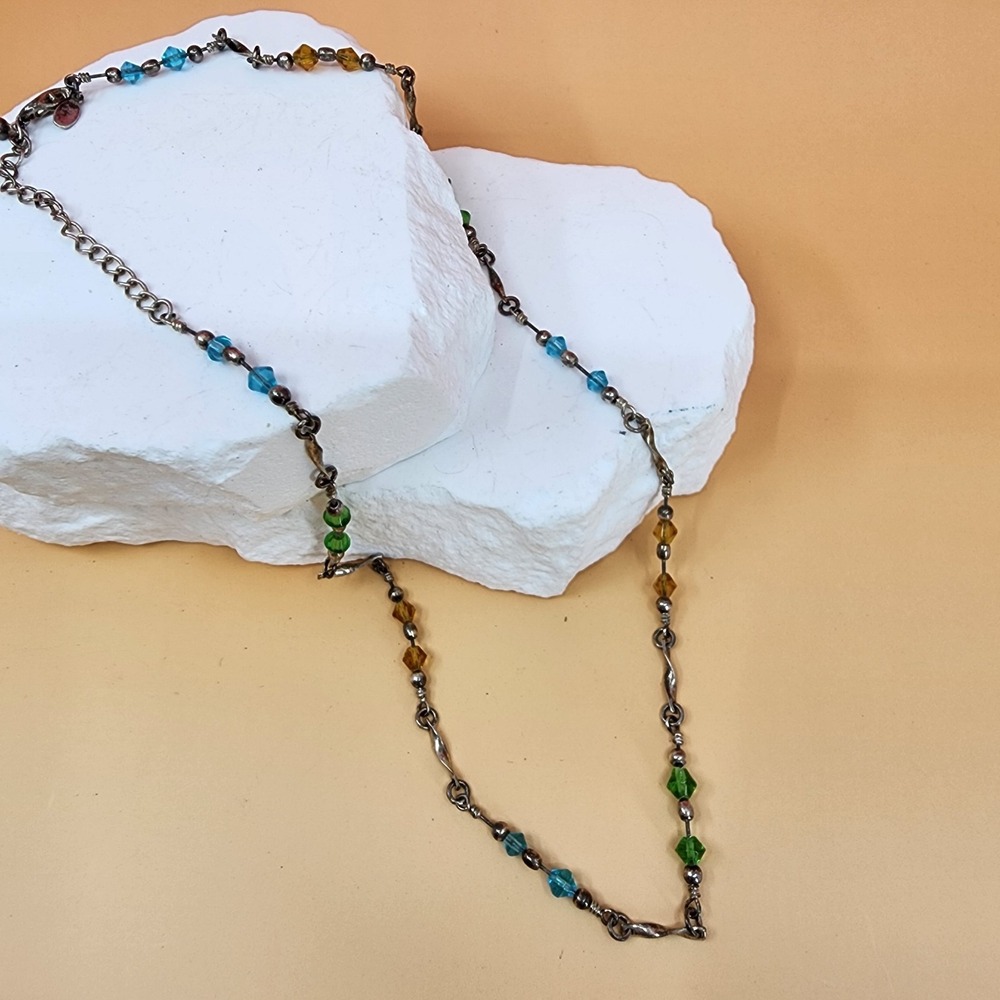 Multicolor Crystal Bead Long Silver Tone Station Necklace Boho Layering Y2K Gift